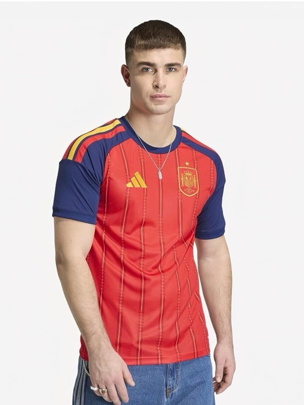 Red & Navy Spain National Team Soccer Jersey with Yellow Stripes